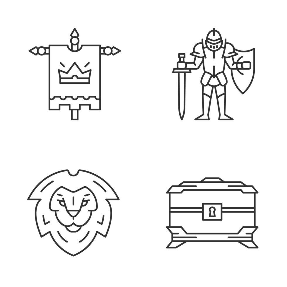 Meddieval linear icons set. King flag, lion head, treasure chest, knight in full suit of armor with sword and shield. Thin line contour symbols. Isolated vector outline illustrations. Editable stroke