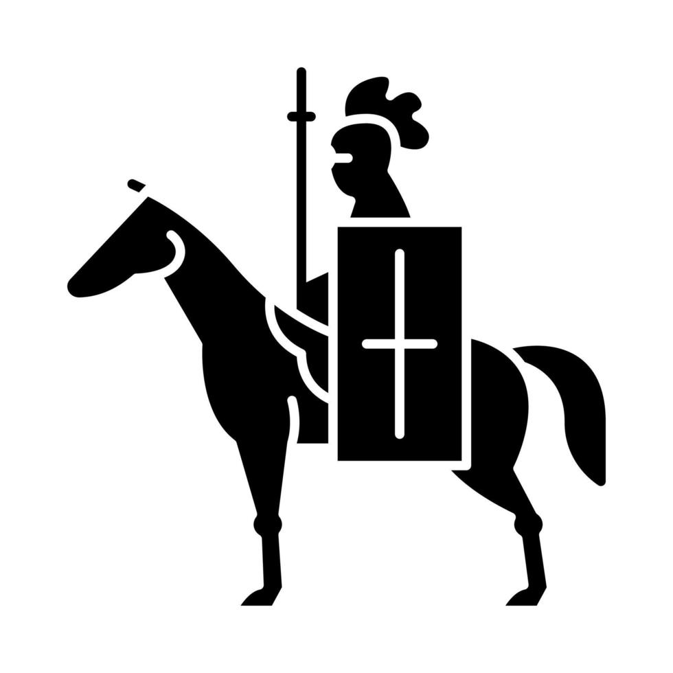 Horse knight with flag glyph icon. Medieval soldier horseback with standard and lance. Warrior in full armor. Silhouette symbol. Negative space. Vector isolated illustration