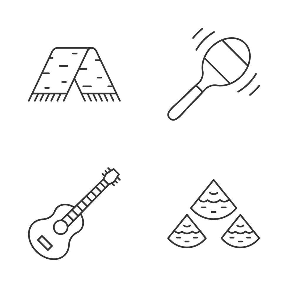 conjunto de iconos lineales de la cultura mexicana. ropa nacional, música, comida. sarape, maraca, guitarra, nachos. símbolos de contorno de línea delgada. ilustraciones aisladas de contorno vectorial. trazo editable vector