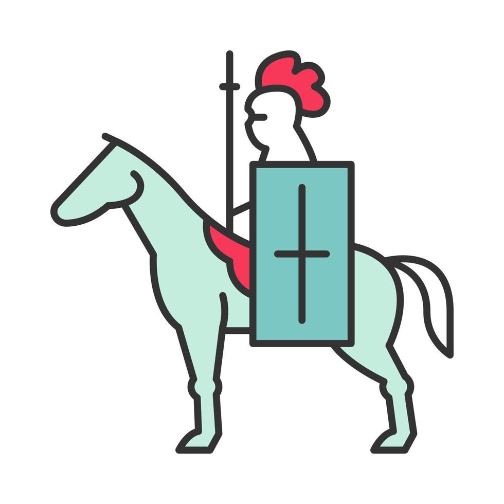 Horse knight with flag color icon. Medieval soldier horseback with standard and lance. Warrior in full armor. Isolated vector illustration