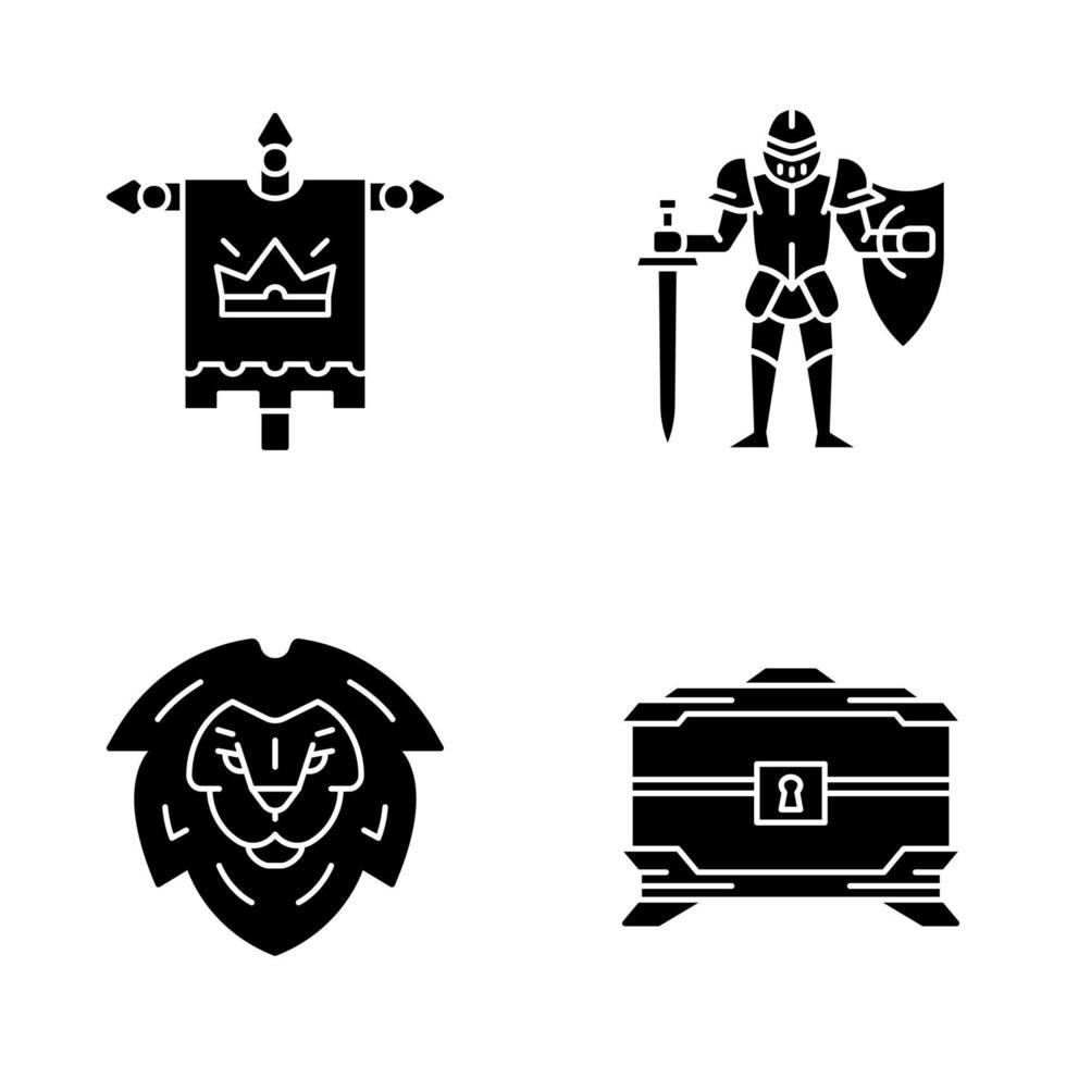 Medieval glyph icons set. King flag, lion head shield, treasure chest, knight in full suit of armor with sword and shield. Silhouette symbols. Vector isolated illustration