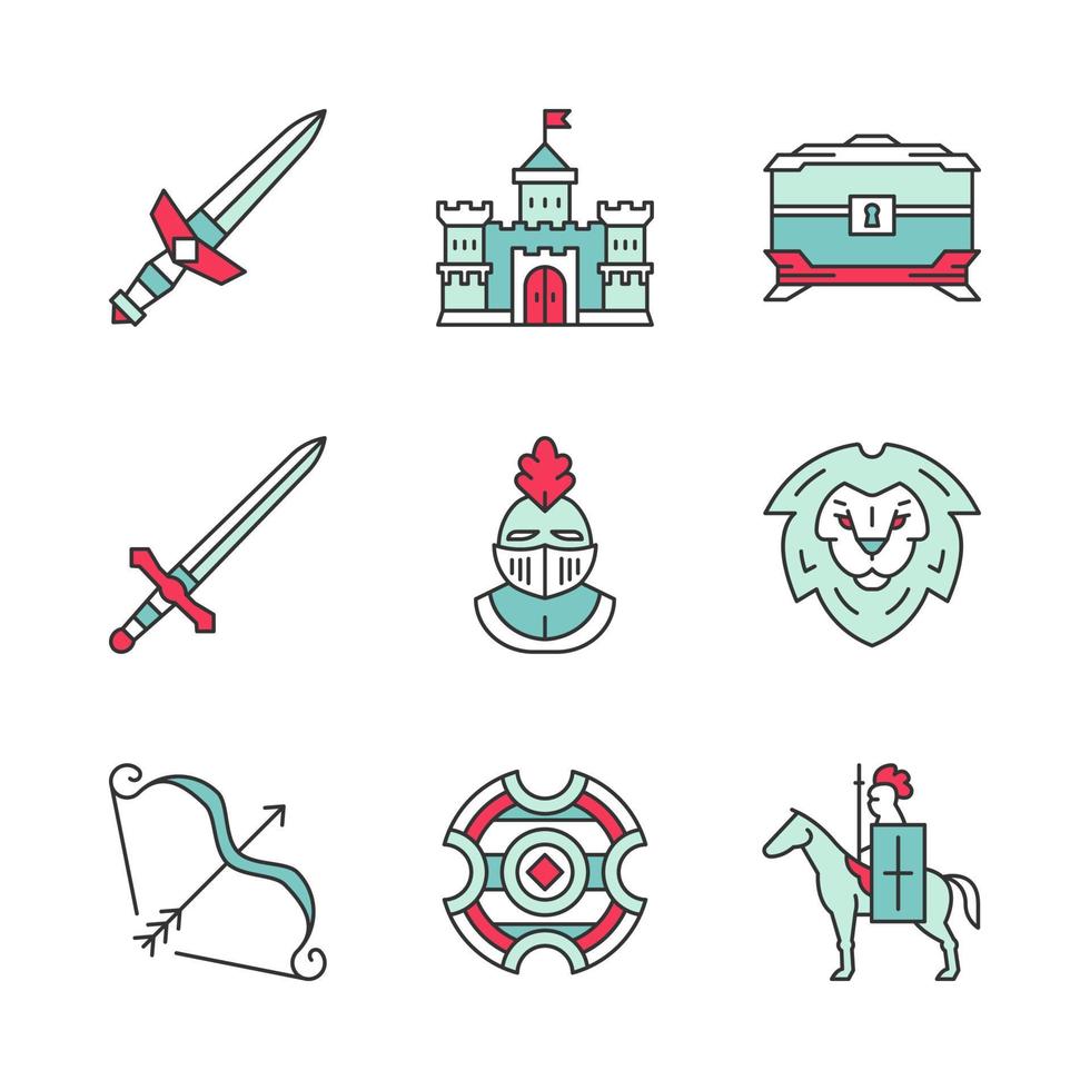 Medieval color icons set. Dagger, king castle, treasure chest, knight helmet, lion head emblem, bow and arrow, battle shield, knight on horse with shield and lance. Isolated vector illustrations