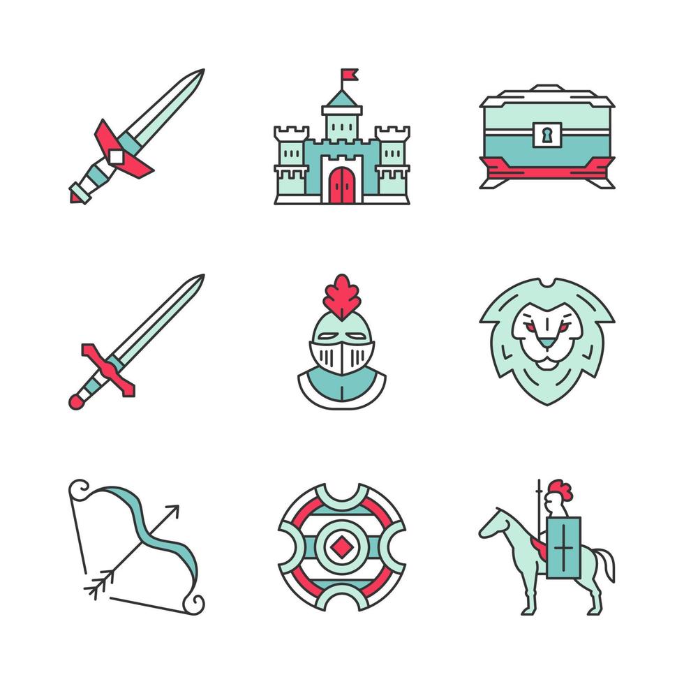 conjunto de iconos de colores medievales. daga, castillo real, cofre del tesoro, casco de caballero, emblema de cabeza de león, arco y flecha, escudo de batalla, caballero a caballo con escudo y lanza. ilustraciones de vectores aislados