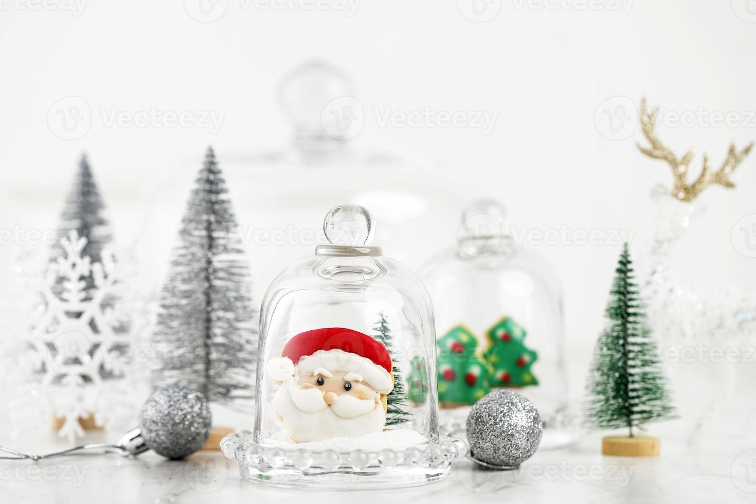 White Christmas Concept, Santa Claus Cookies with Icing Sugar . Copy Space for Text and Advertisement photo