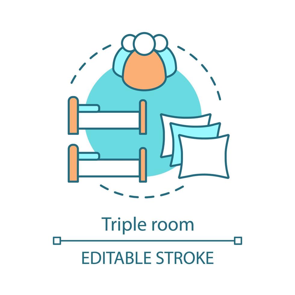 Triple room concept icon. Hotel, apartment booking. Suite with single beds. Three guests accommodation idea thin line illustration. Vector isolated outline drawing. Editable stroke