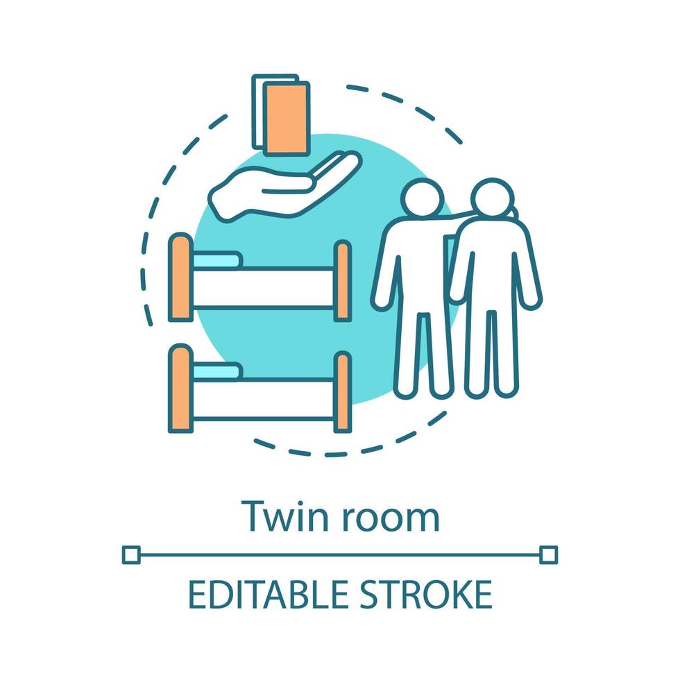 Twin room concept icon. Two person hotel suite. Lodging booking. Room with single beds. Hostel, apartment accommodation idea thin line illustration. Vector isolated outline drawing. Editable stroke