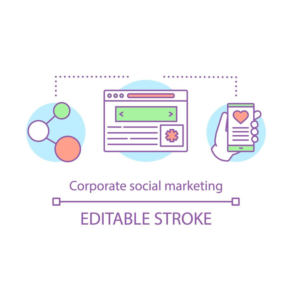 Corporate social marketing concept icon. CSM idea thin line illustration. Supporting campaign. Share content. Charity, fundraising. Volunteering. Vector isolated outline drawing. Editable stroke