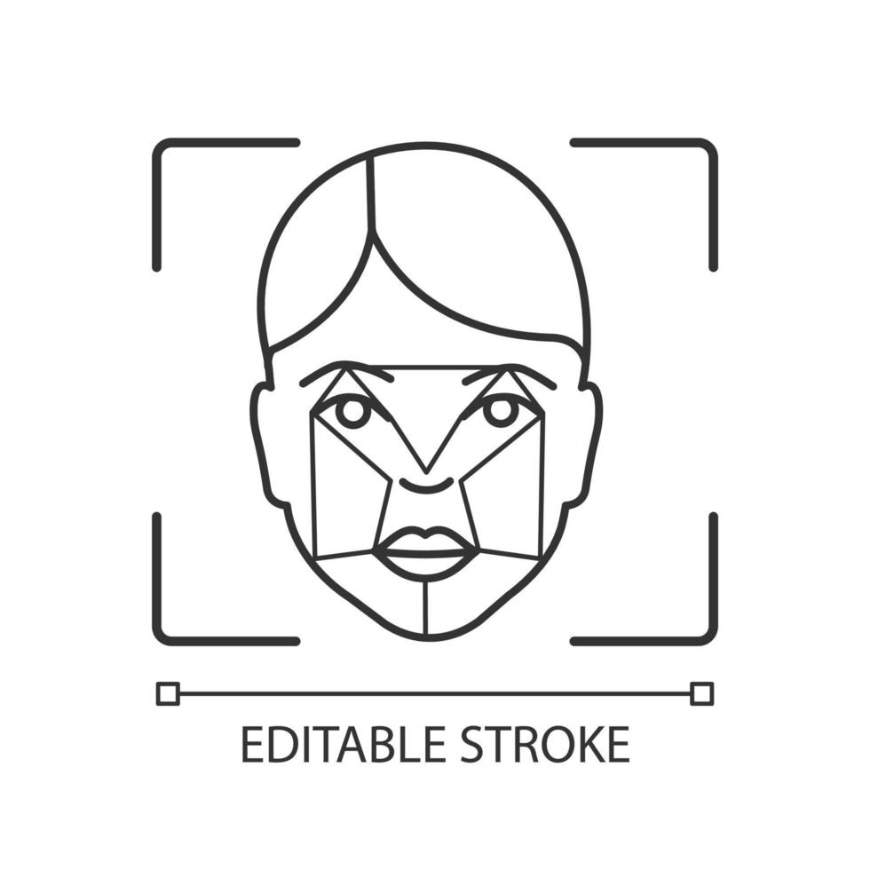 Faceprint analysis linear icon. Facial recognition software. Face ID scan. Thin line illustration. Biometric identification. Contour symbol. Vector isolated outline drawing. Editable stroke