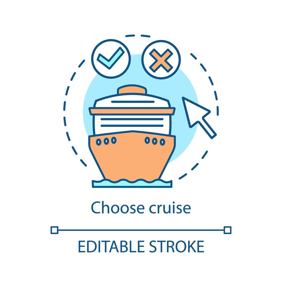 Cruise booking concept icon. Travel agency website idea thin line illustration. Voyage, journey, trip planning. Online tickets reservation. Vector isolated outline drawing. Editable stroke