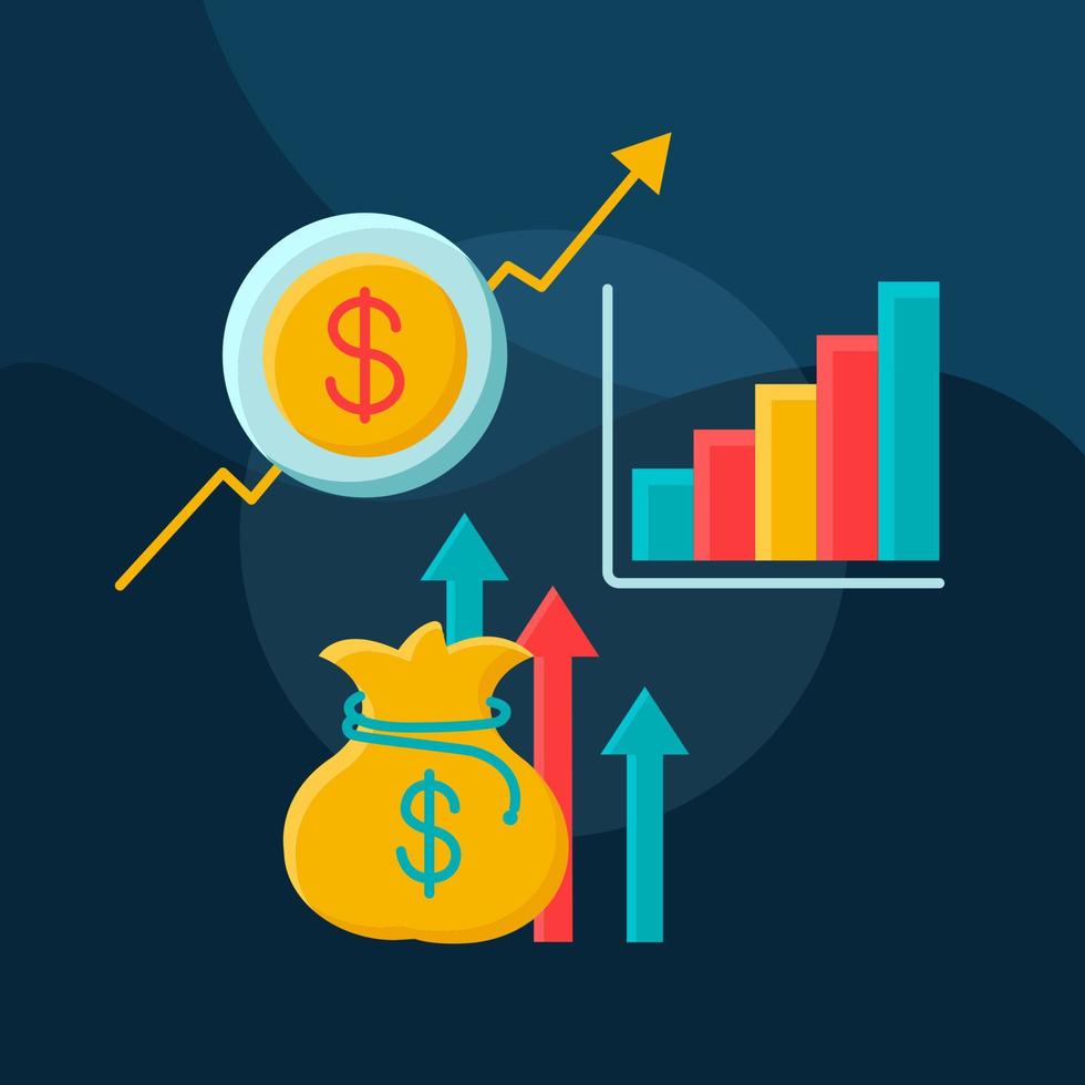 Profit growth flat concept vector icon. Income increasing idea cartoon color illustrations set. Business development. Stock market trading statistics. Isolated graphic design element