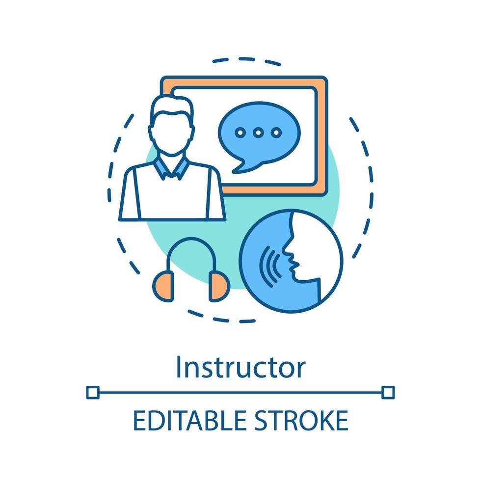 Instructor concept icon. Educator, tutor, teacher. Studying idea thin line illustration. Language, public speaking courses. Communication skills. Vector isolated outline drawing. Editable stroke