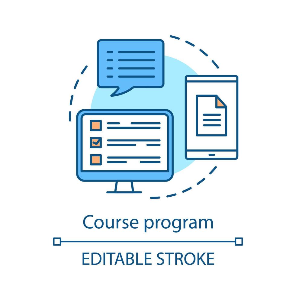 Course program concept icon. E-learning. Training materials, classes. Tasks list, tests. Studying, learning. Online education idea thin line illustration. Vector isolated outline drawing