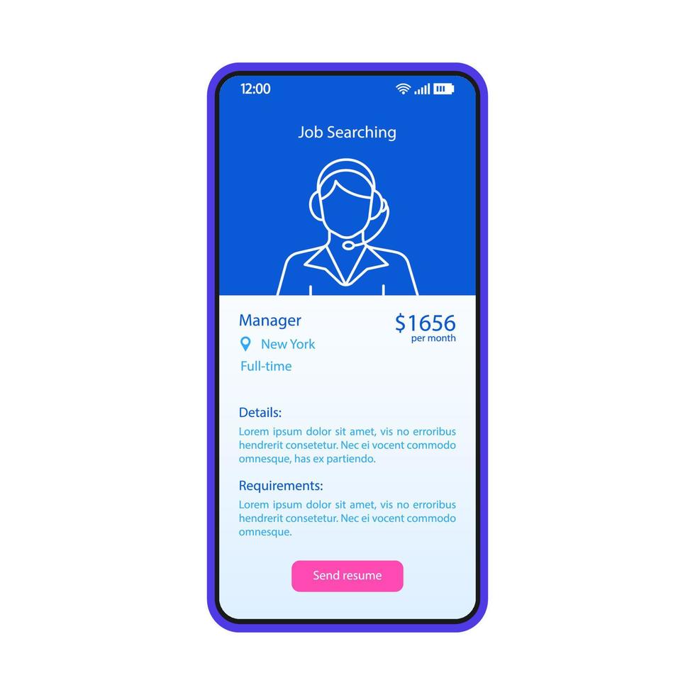 plantilla de vector de interfaz de teléfono inteligente de aplicación de búsqueda de empleo. diseño de diseño azul de página móvil. descripción del trabajo, pantalla del sitio web de perfil. interfaz de usuario plana para la aplicación. contratación, servicio de empleo. pantalla del teléfono