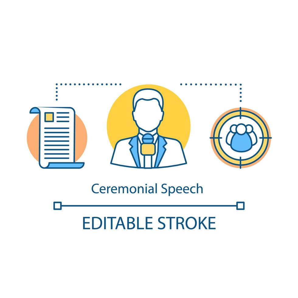 Ceremonial speech concept icon. Presenter, TV host. Public speaking idea thin line illustration. Presentation skills. Orator, speaker with microphone. Vector isolated outline drawing. Editable stroke