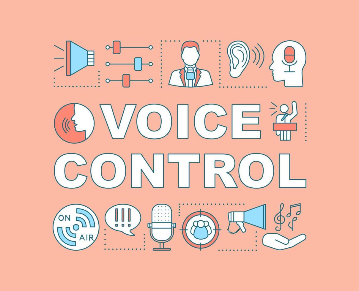 Voice control word concepts banner. Audio recording. Radio. Public speaking tips. Rhetoric. Presentation, website. Isolated lettering typography idea with linear icons. Vector outline illustration