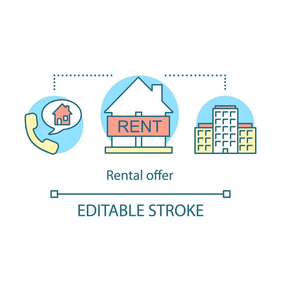 Rental offer concept icon. Real estate leasing. Handset, speech bubble, houses. Leasing office, apartment. House for rent idea thin line illustration. Vector isolated outline drawing. Editable stroke