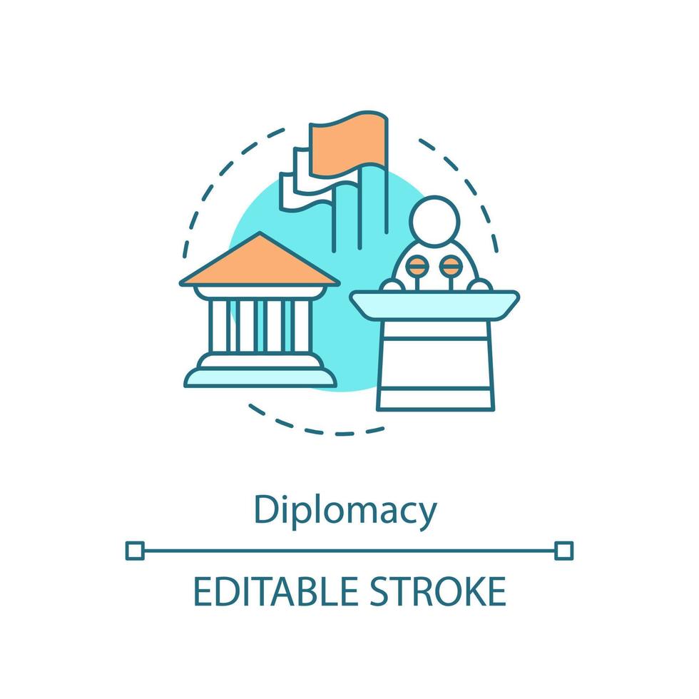 Diplomacy concept icon. Communication, public speaking skills. International relations, partnership. Corporate environment idea thin line illustration. Vector isolated outline drawing. Editable stroke