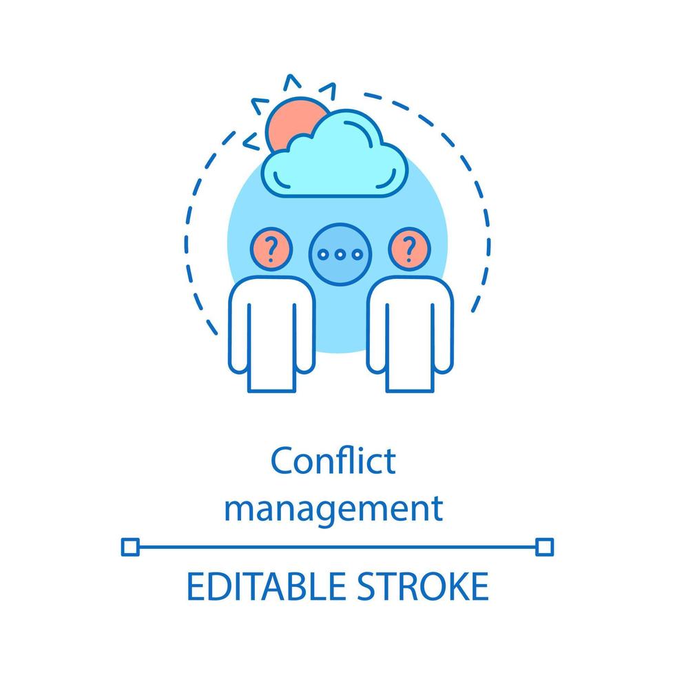 Conflict management concept icon. Stress tolerance. Dispute resolution. Compromising. Misunderstanding idea thin line illustration. Vector isolated outline drawing. Editable stroke