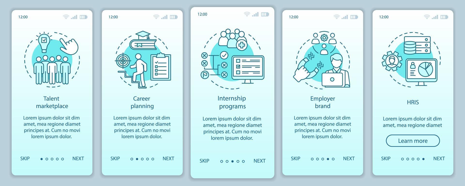 Talent management onboarding mobile app page screen vector template. Marketplace. HRIS, internship program. Walkthrough website steps, linear illustrations. UX, UI, GUI smartphone interface concept