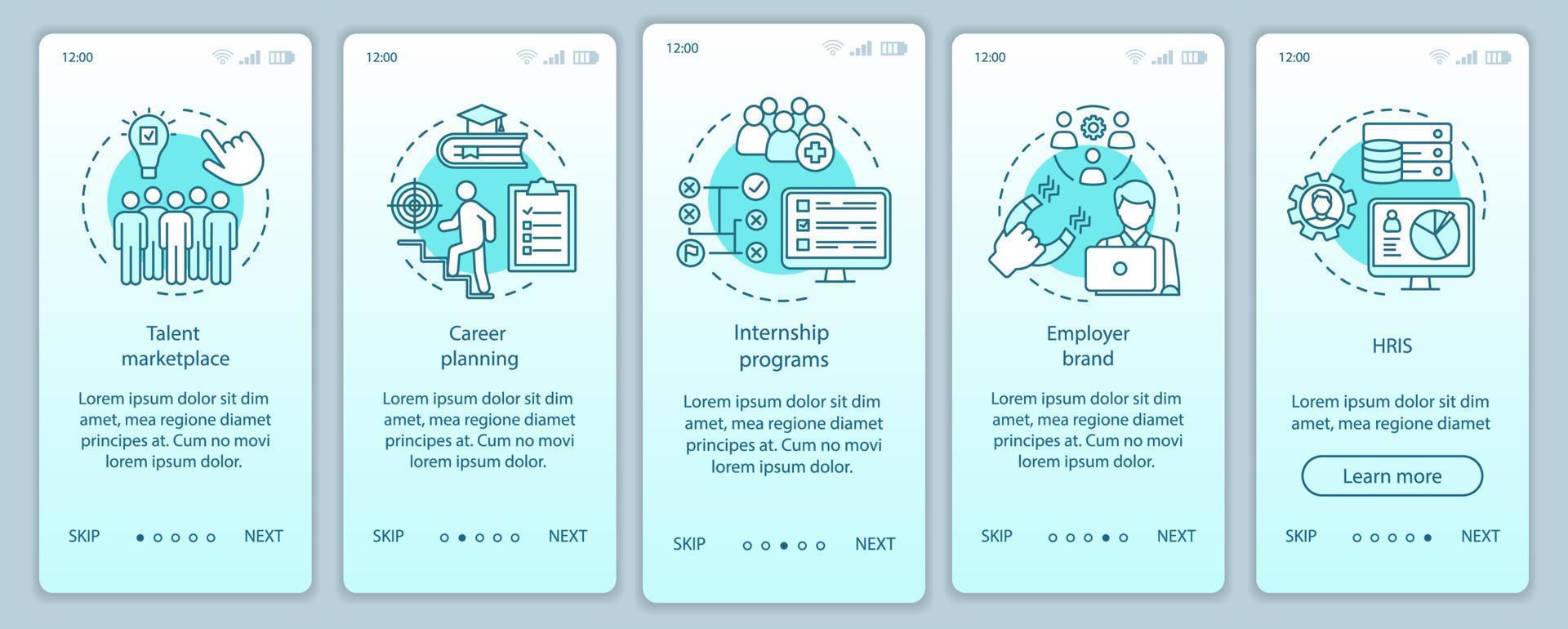 Talent management onboarding mobile app page screen vector template. Marketplace. HRIS, internship program. Walkthrough website steps, linear illustrations. UX, UI, GUI smartphone interface concept