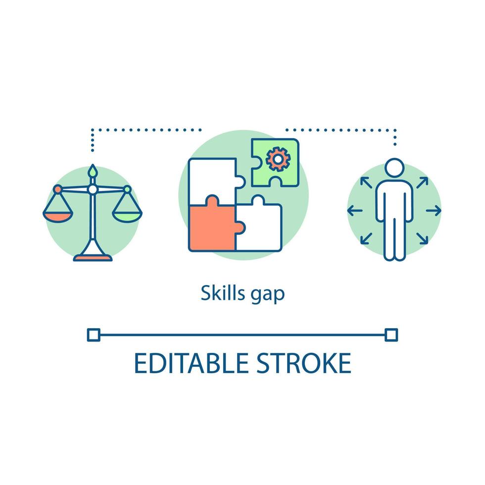 Skills gap concept icon. Lack of knowledge and experience idea thin line illustration. Preparation for workforce. Test task. Worker coaching. Vector isolated outline drawing. Editable stroke