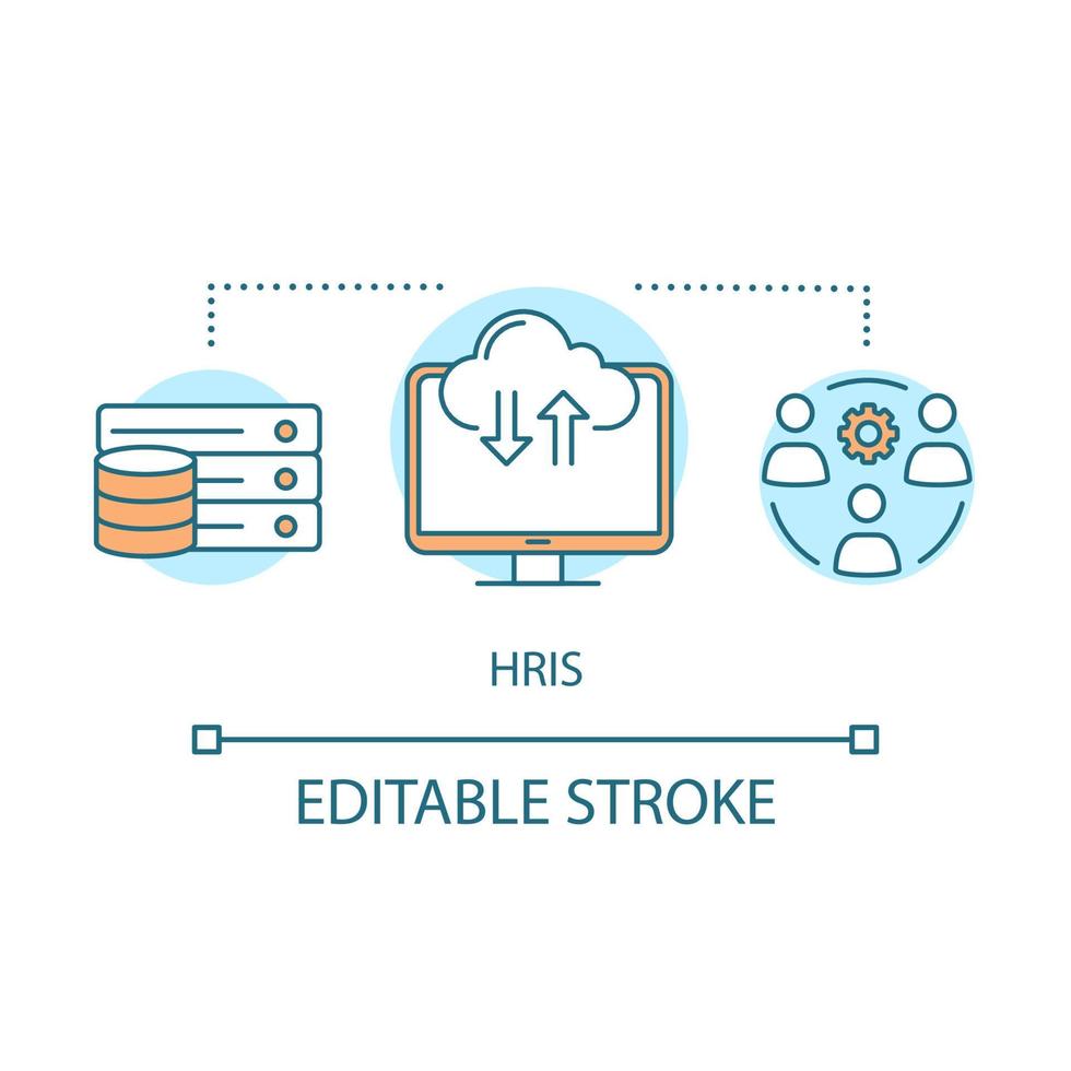 icono de concepto de programa hris. ilustración de línea delgada de idea de software de reclutamiento. sistema de información de recursos humanos. datos de empleados recurso de hr. programa erp dibujo de contorno aislado vectorial. trazo editable vector