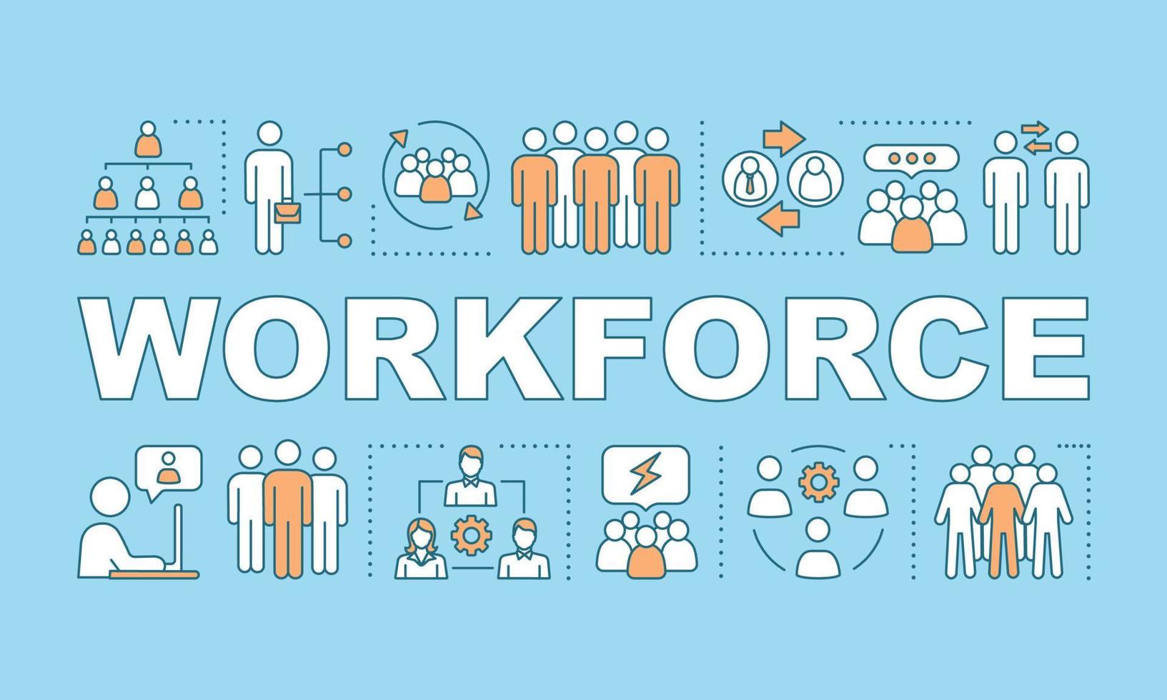 Workforce word concepts banner. Potential candidates. Recruiting, HRIS. Storing worker data. HR resource. Presentation, website. Isolated lettering typography idea, icons. Vector outline illustration