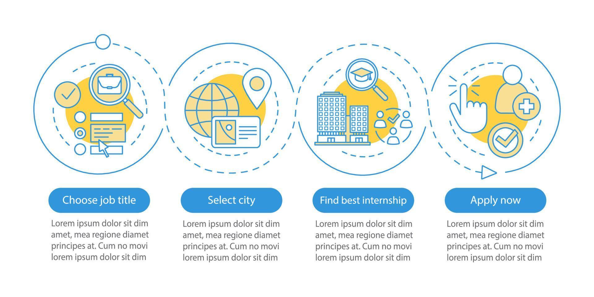 Internship program vector infographic template. Work searching software. Business presentation design elements. Data visualization with steps, options. Process timeline chart. Workflow layout