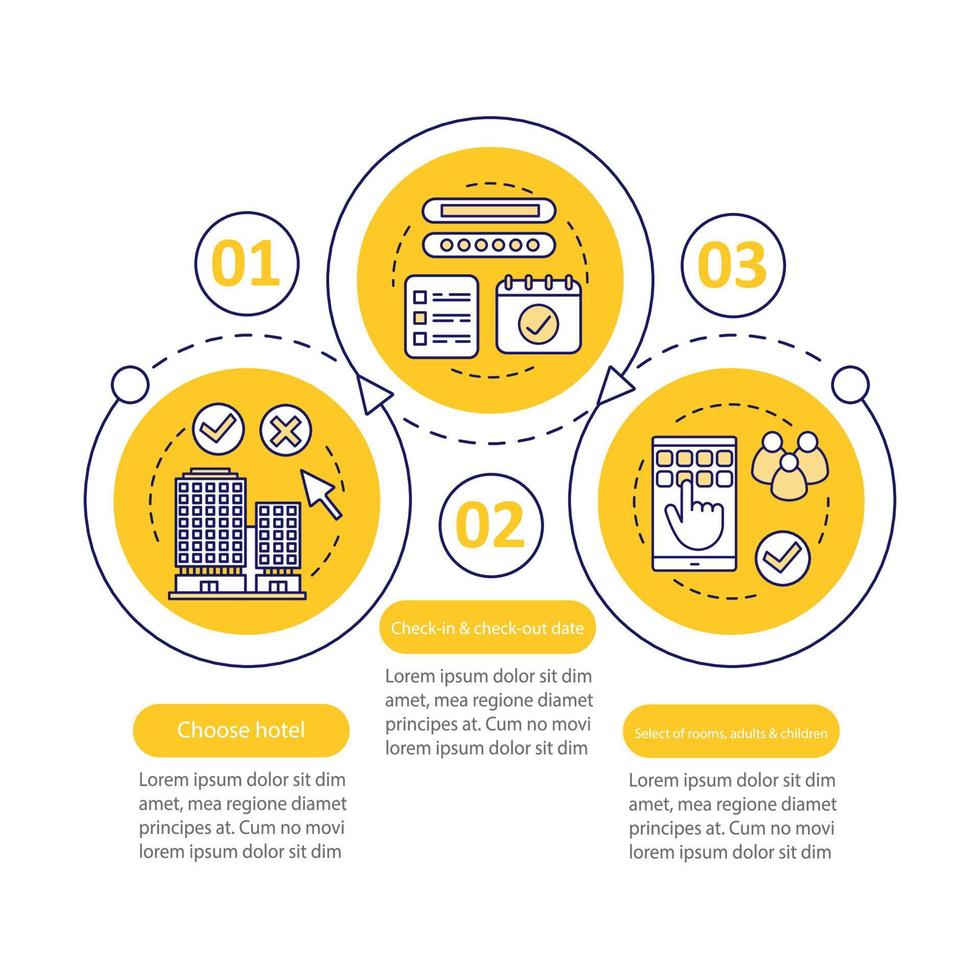 plantilla de infografía vectorial de reserva de hotel. elementos de diseño de presentación de negocios. alojamiento, reserva de apartamento. visualización de datos con pasos, opciones. gráfico de línea de tiempo del proceso. diseño de flujo de trabajo vector