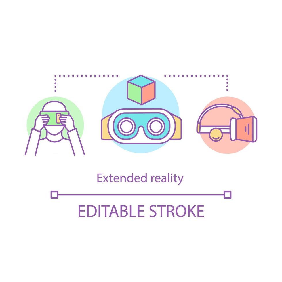 Extended reality concept icon. VR cardboard, games, technology. Virtual reality headset, glasses idea thin line illustration. Vector isolated outline drawing. Editable stroke..