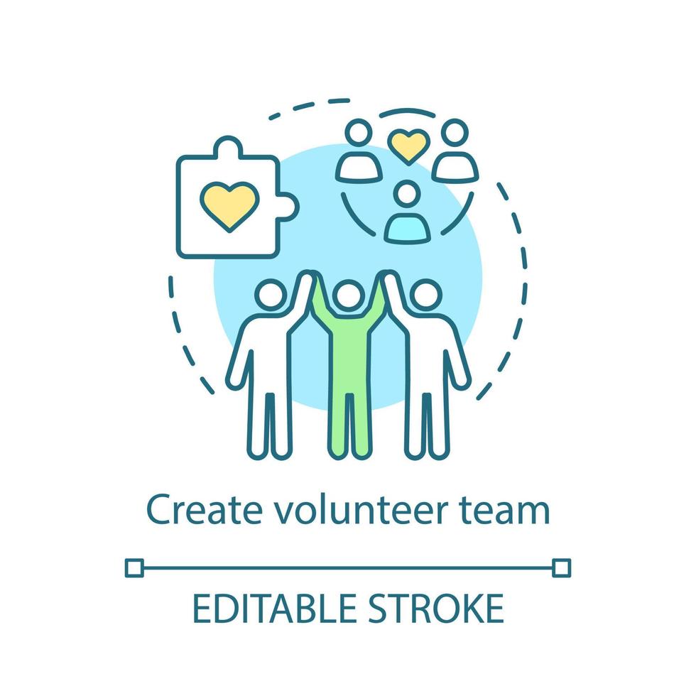 Create volunteer team concept icon. Charitable foundation. Volunteering organization idea thin line illustration. Vector isolated outline drawing. Editable stroke