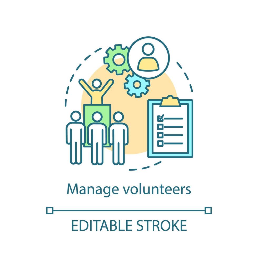 Manage volunteers concept icon. Charitable foundation. Volunteering organization. Personnel management idea thin line illustration. Vector isolated outline drawing. Editable stroke