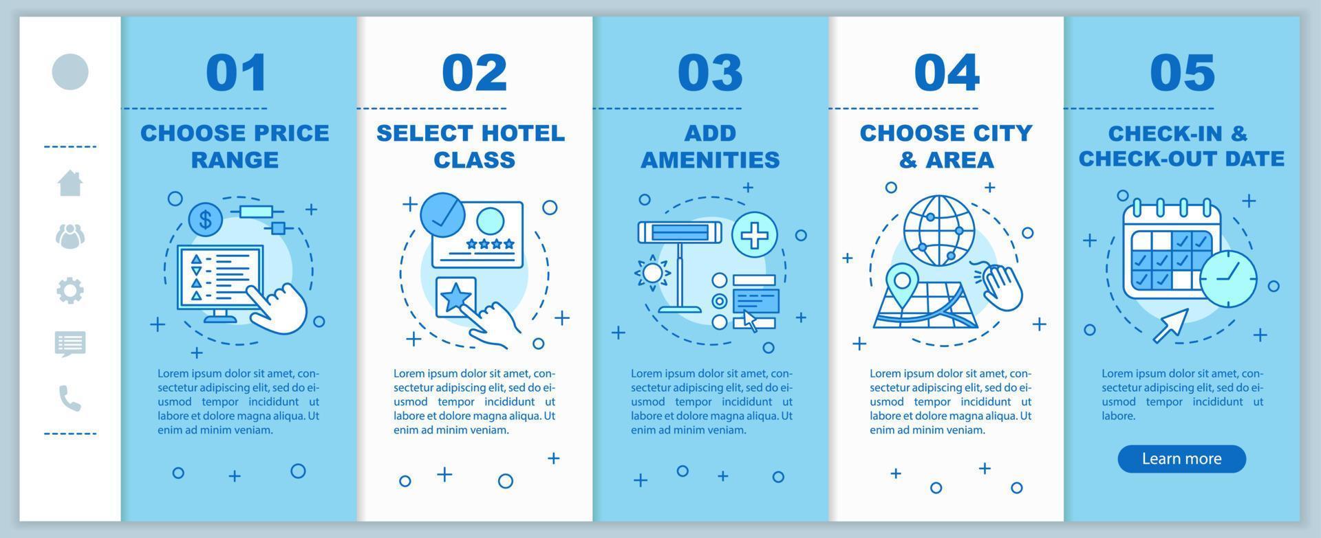 Hotel room booking onboarding mobile web pages vector template. Choosing apartment. Hostel reservation. Responsive smartphone website interface idea. Webpage walkthrough step screens. Color concept