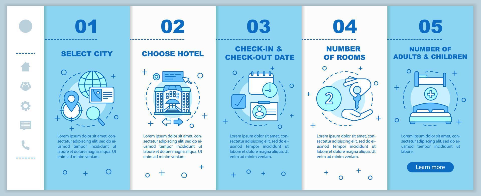 Trip planning onboarding mobile web pages vector template. Hotel booking. Apartment reservation. Responsive smartphone website interface idea. Webpage walkthrough step screens. Color concept