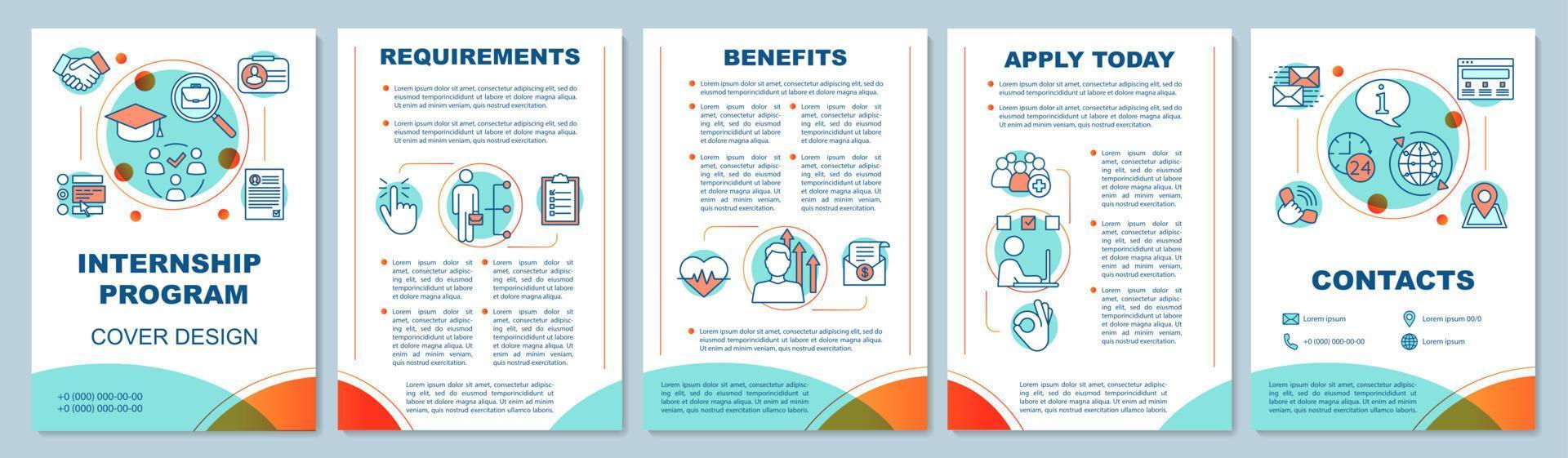 diseño de plantilla de folleto del programa de pasantías. requisitos, beneficios de la práctica de los estudiantes. folleto, diseño de impresión de folletos, ilustraciones lineales. diseños de página de vectores para informes anuales, carteles publicitarios