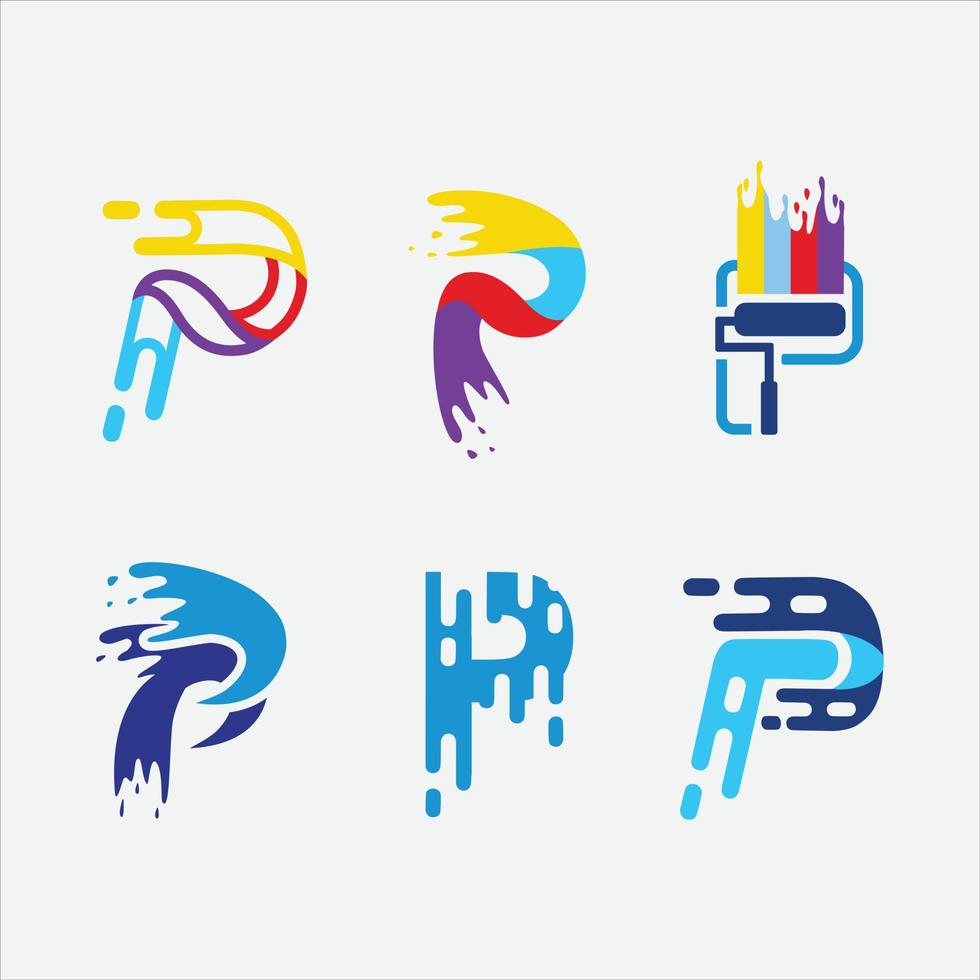 conjunto de icono gráfico vectorial de diseño de logotipo de rodillo de pintura de letra p vector