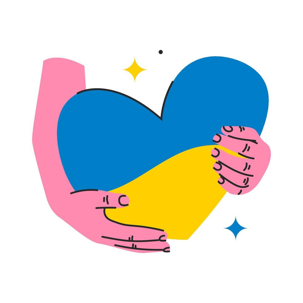 Love Ukraine. Human hands holding heart with Ukrainian national flag colours. Yellow and blue. Vector flat illustration. Design element.