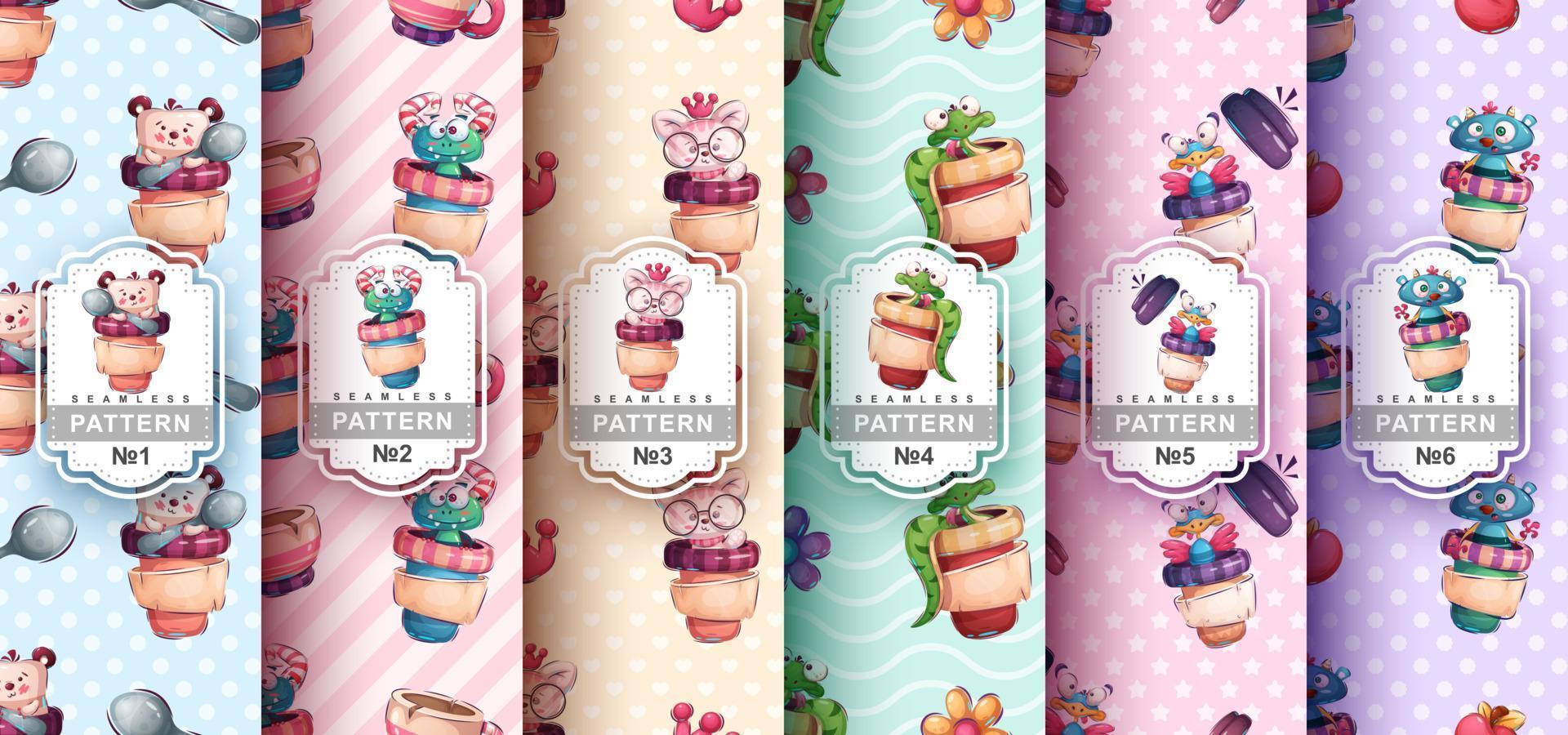 Set childish cartoon character animal in cup seamless pattern vector