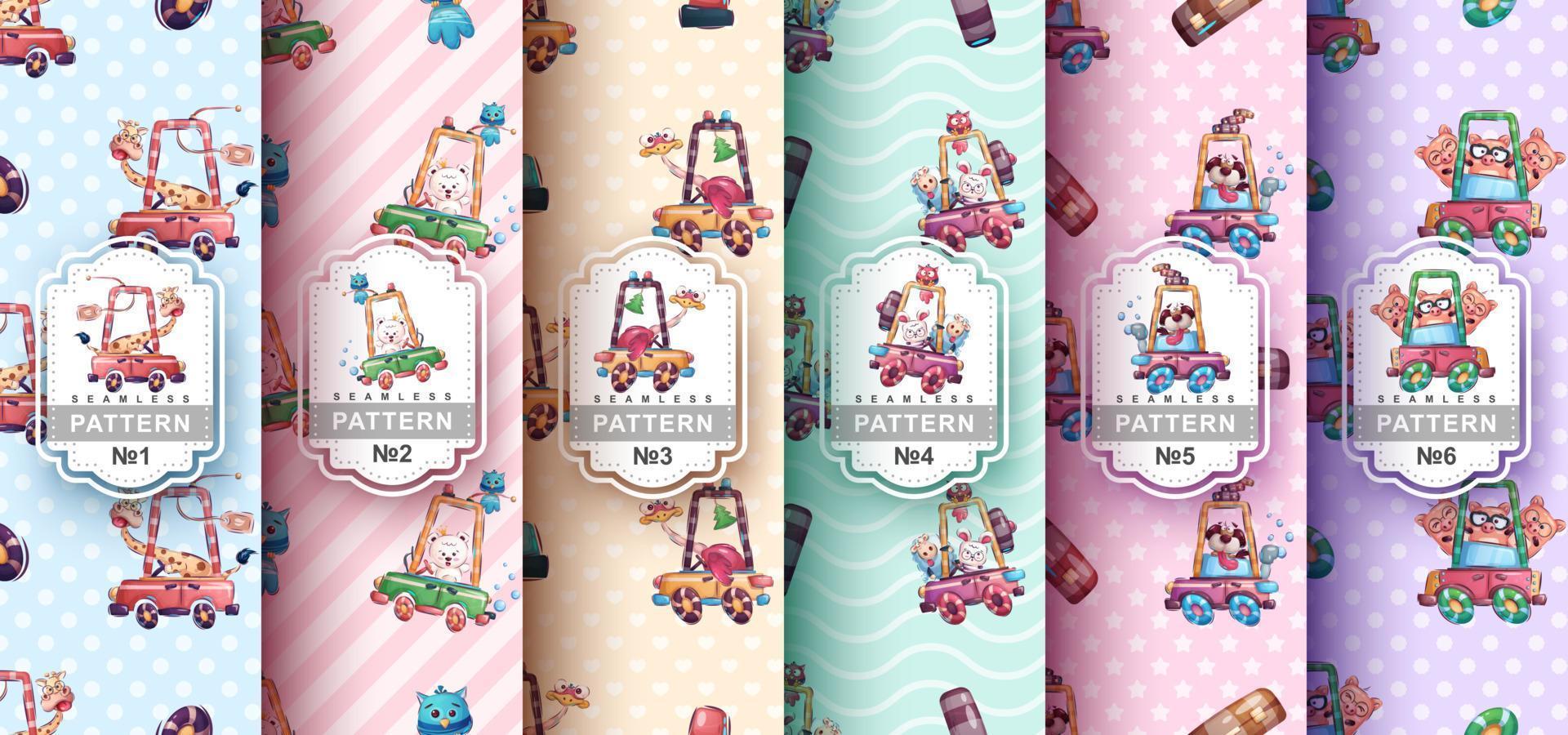 Set childish cartoon character animal in car seamless pattern vector