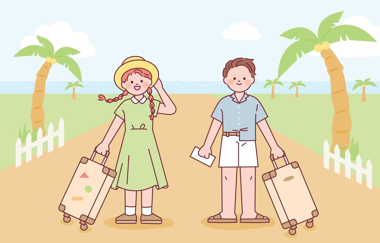 Summer vacation style man and woman with luggage stand on sea background. vector