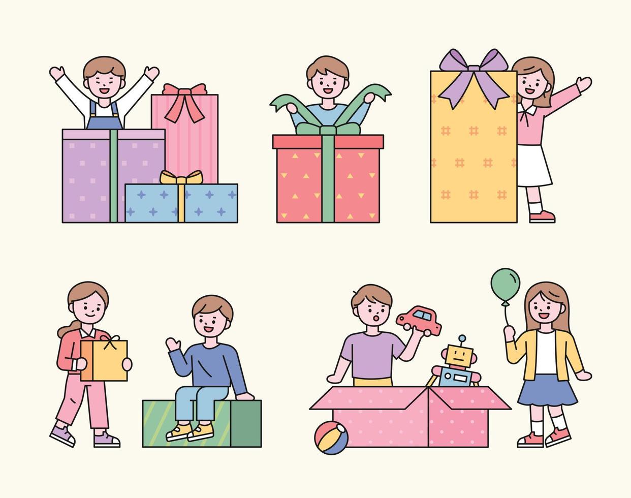 los niños están felices de recibir el regalo. están abriendo la caja. vector