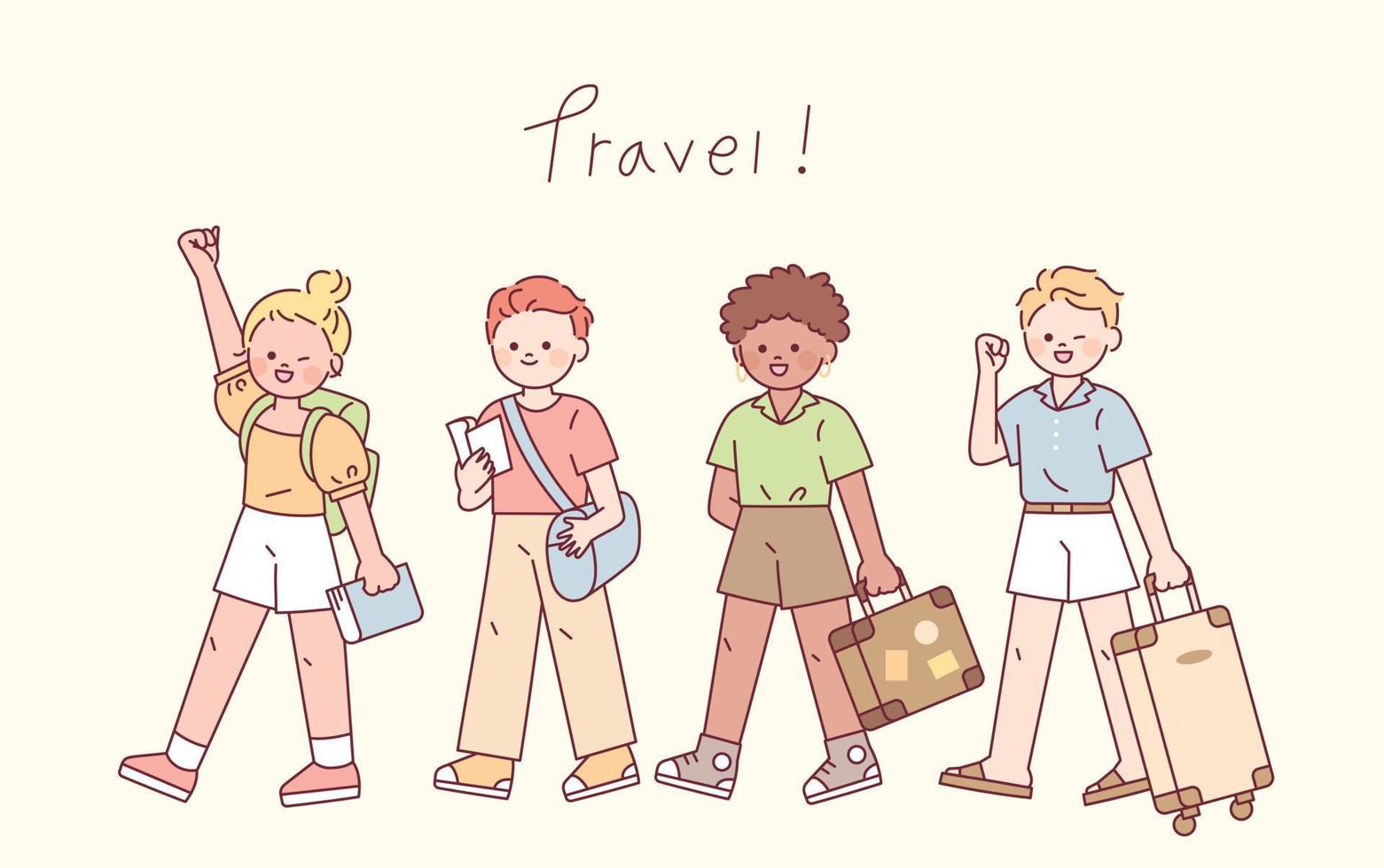 People in summer fashion are walking happily with suitcases. vector