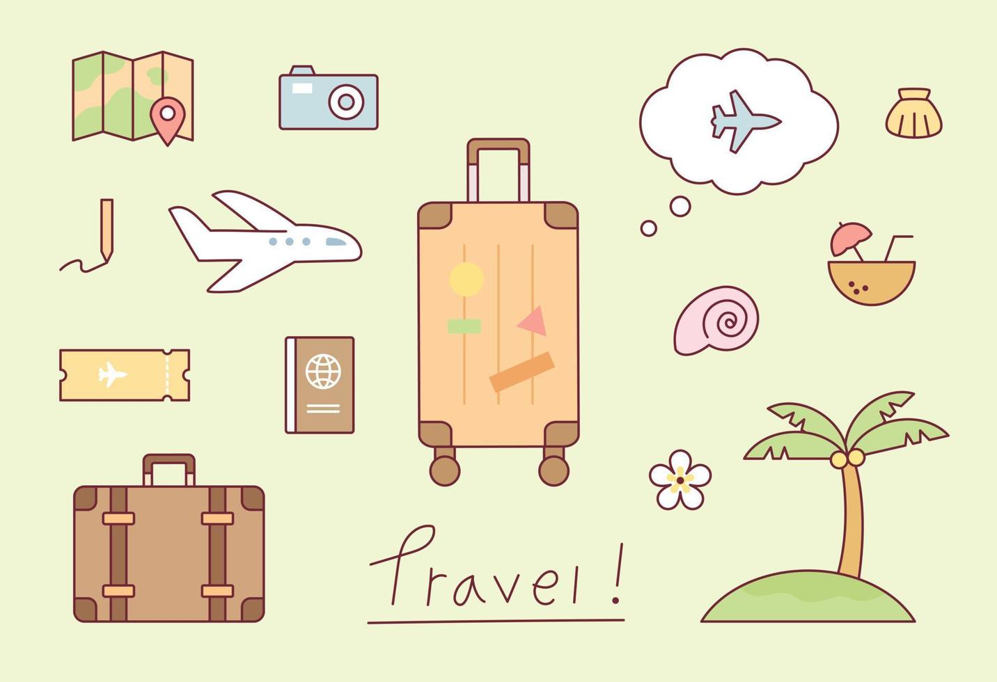 Summer vacation overseas travel cute icon set. vector