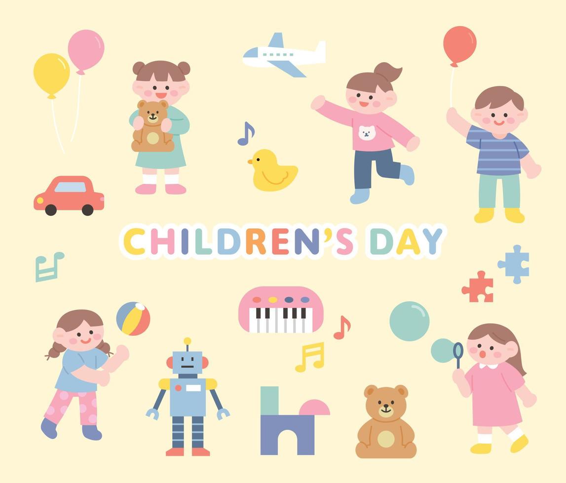 Children's Day Children are having fun with toys. flat design style vector illustration.