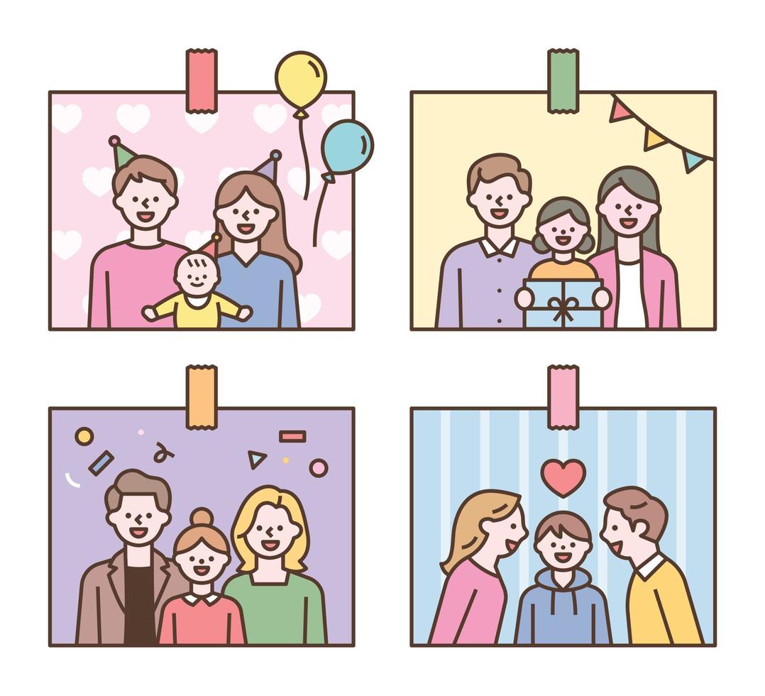 fotos familiares felices celebrando el cumpleaños de un niño. vector