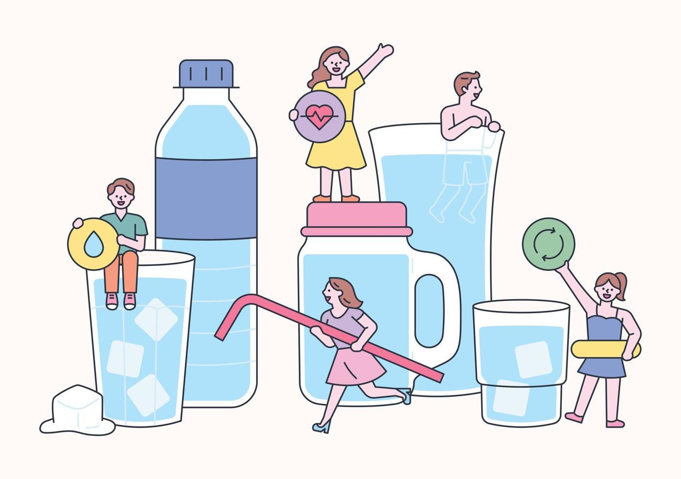 Water in a large cup and bucket of water. Little people greeting with water and health icons. vector