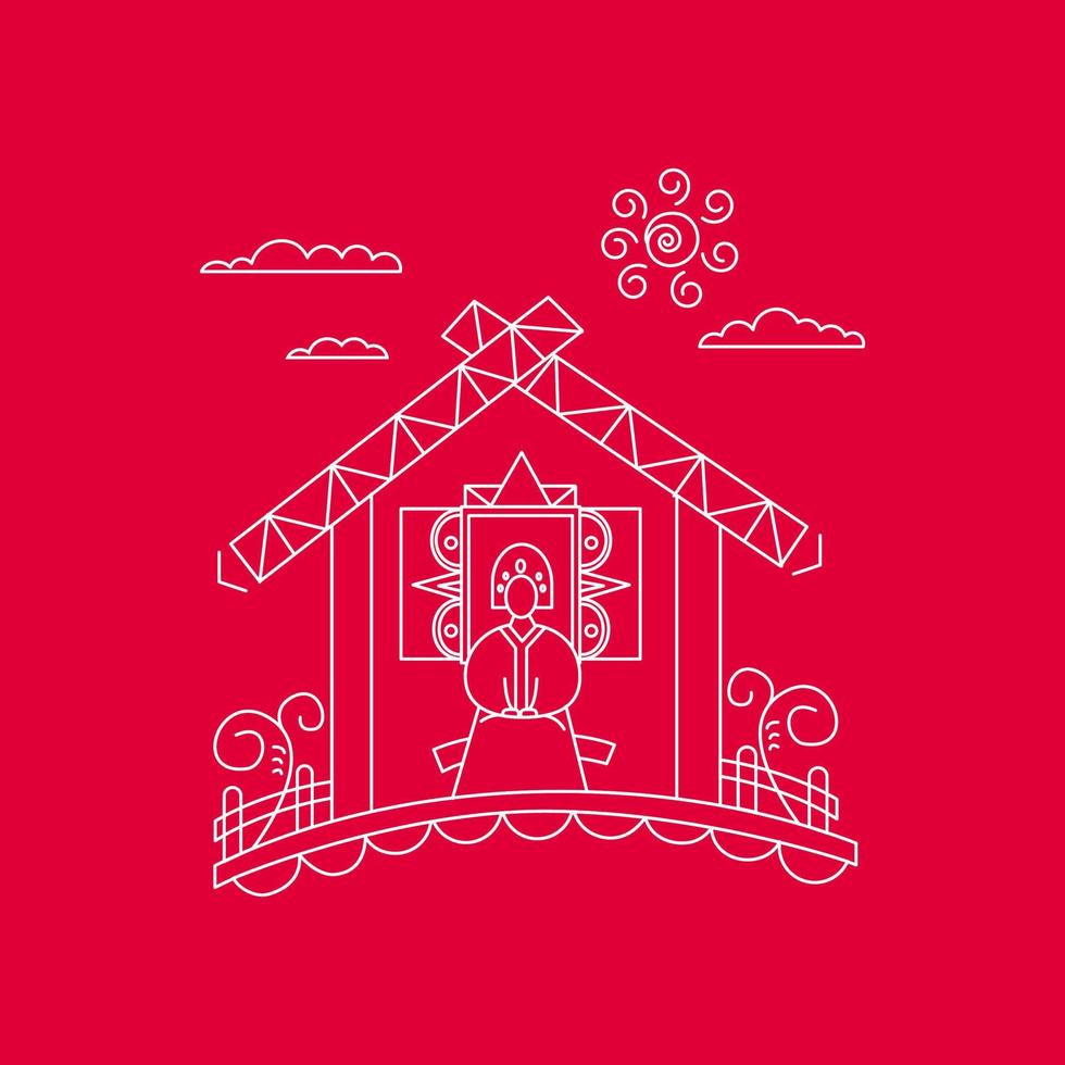 Linear drawing of a house with a female character in traditional Russian style. A woman in a historical Russian dress sits near the window on a bench. Vector minimalistic illustration