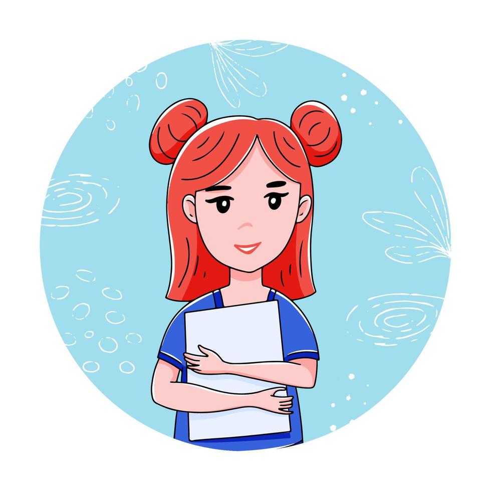 Avatar of a cute red-haired girl holding a folder in her hands. Hand drawn style vector illustration