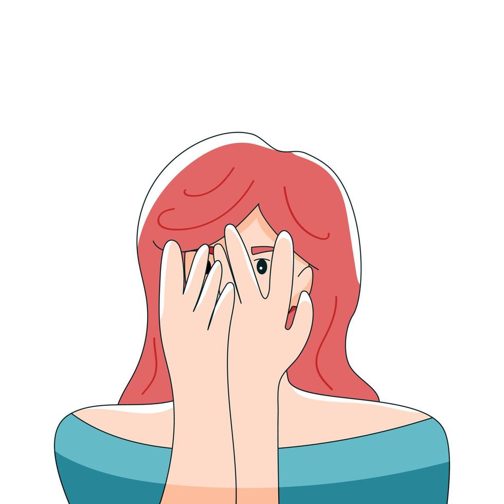 A young woman covers her face and looks through her fingers. Female avatar, showing complexes, shyness. Vector illustration in hand drawn style.