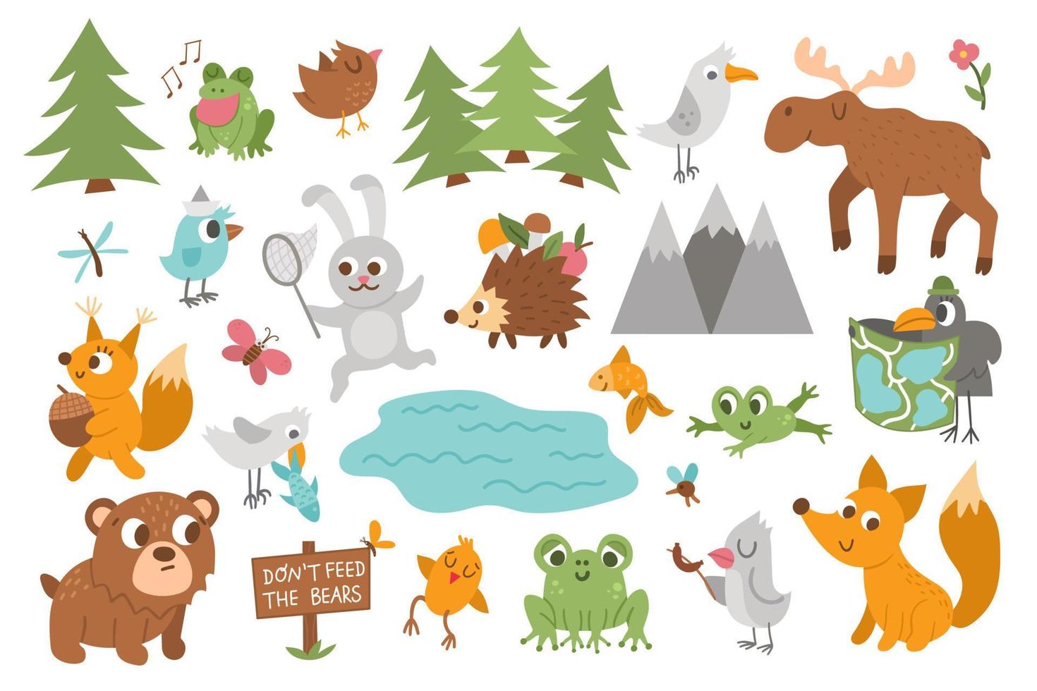 Vector forest animals, insects and birds set. Funny woodland campfire icons collection. Cute forest illustration for kids with mountains, trees, moose, frog, bear, squirrel, hedgehog and fox.